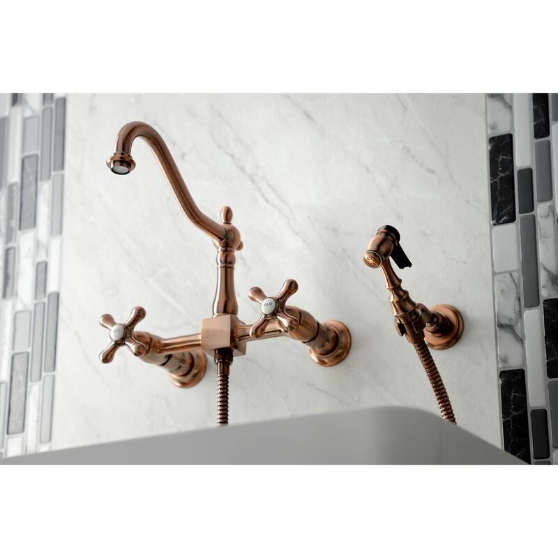 Heritage Two-Handle Wall Mount Bridge Kitchen Faucet with Brass Sprayer