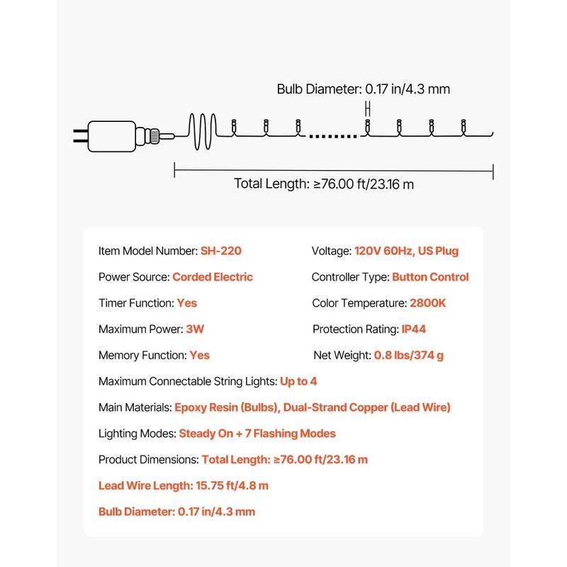 Warm White LED Christmas String Lights 200 Bulbs 76ft with Timer - 76 FT
