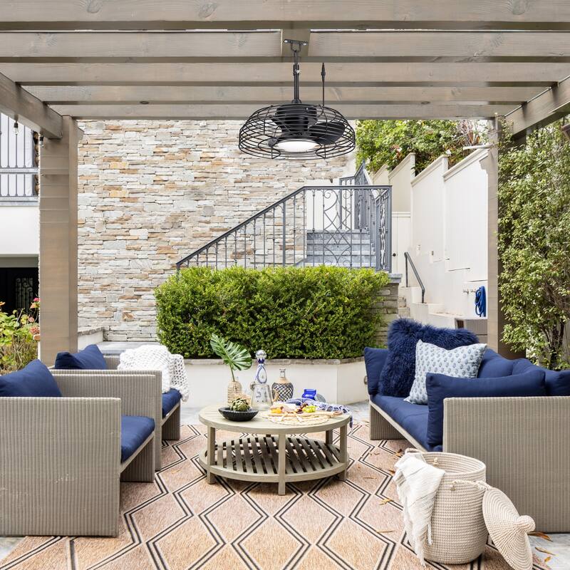 19" Industrial Black Indoor/Outdoor Chandelier Caged Ceiling Fan with Light and Remote