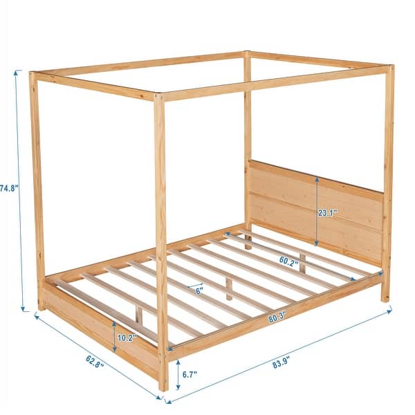 dimension image slide 1 of 2, Modern Queen/Full Size Canopy Platform Bed with Headboard and Support Legs - Sturdy Pine Wood Construction