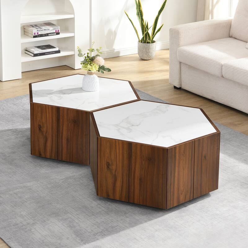 Hexagonal Rustic Retro Wood Coffee Table, with 2 Hidden Drawers, Textured White Marble Tops,Walunt Oak Finish - Perfect