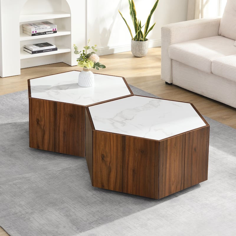 Hexagonal Wood Accent Table, Coffee Table with 2 Hidden Drawers, End Table with Textured Black Marble Tops