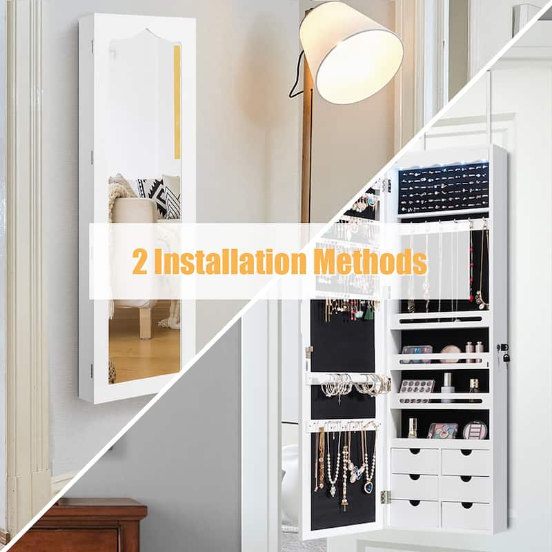 Wall Door Mounted LED Mirror Jewelry Cabinet Lockable Armoire
