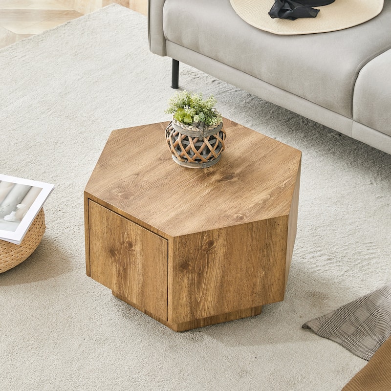 GDFStudio Elowen Wood Coffee Table with Hexagonal Design and Drawer