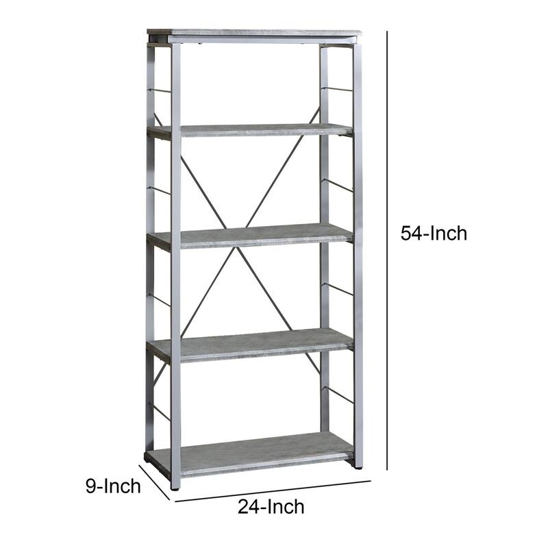 Industrial Bookshelf with 4 Shelves and Open Metal Frame, Silver and Gray - 54 H x 9 W x 24 L Inches