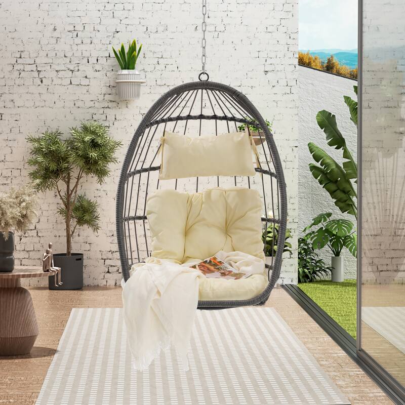 GDFStudio - Penelope Outdoor Rattan Egg Swing Chair for Relaxed and Stylish Garden Lounging - Khaki+yellow