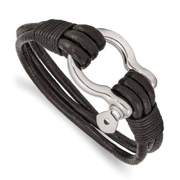 Stainless Steel Polished Black Leather Buckle Clasp Bracelet Stainless Steel Polished Black Leather Buckle Clasp Bracelet