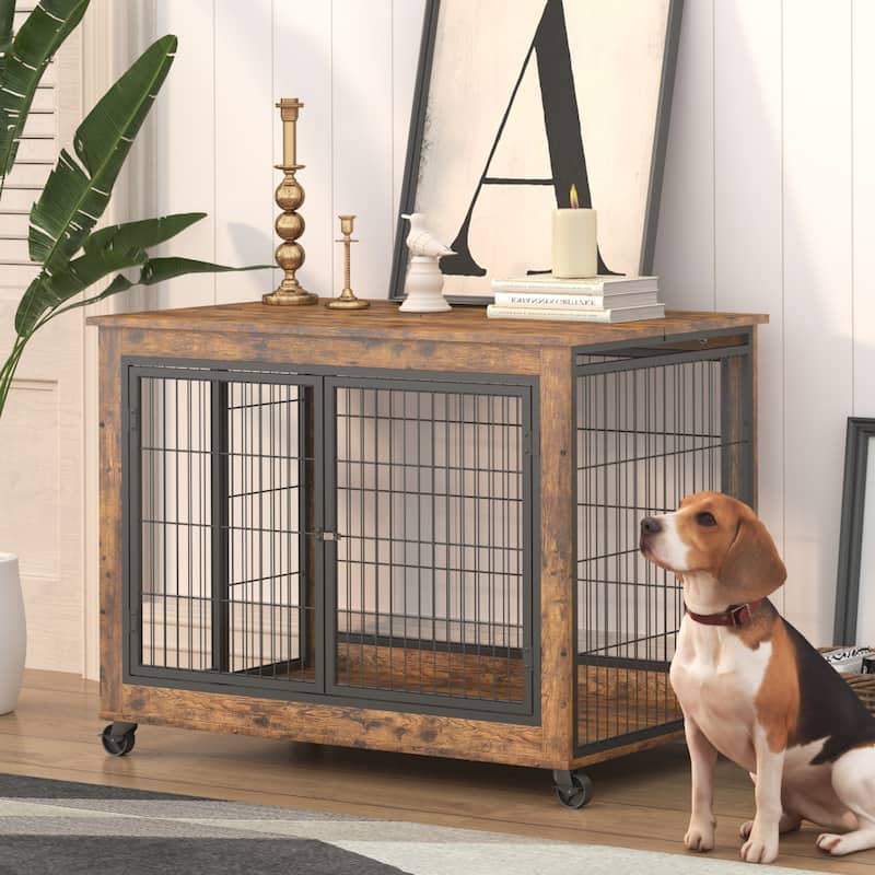 Wooden Dog Cage Crate Dog House with Double Doors on Casters - brown