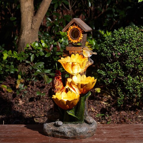 Glitzhome 28.5"H Farmhouse Sunflowers Birdhouse Resin Outdoor Fountain
