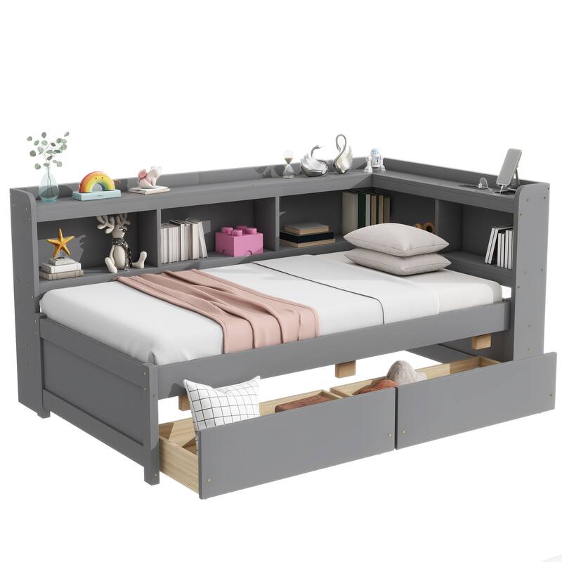 Twin Size L-shaped Bookcases Bed with Power Outlets, USB Charging Ports, 2 Drawers,Espresso