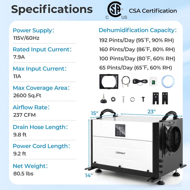 Costway 192 Pint Crawl Space Dehumidifier Commercial Dehumidifier with - See Details