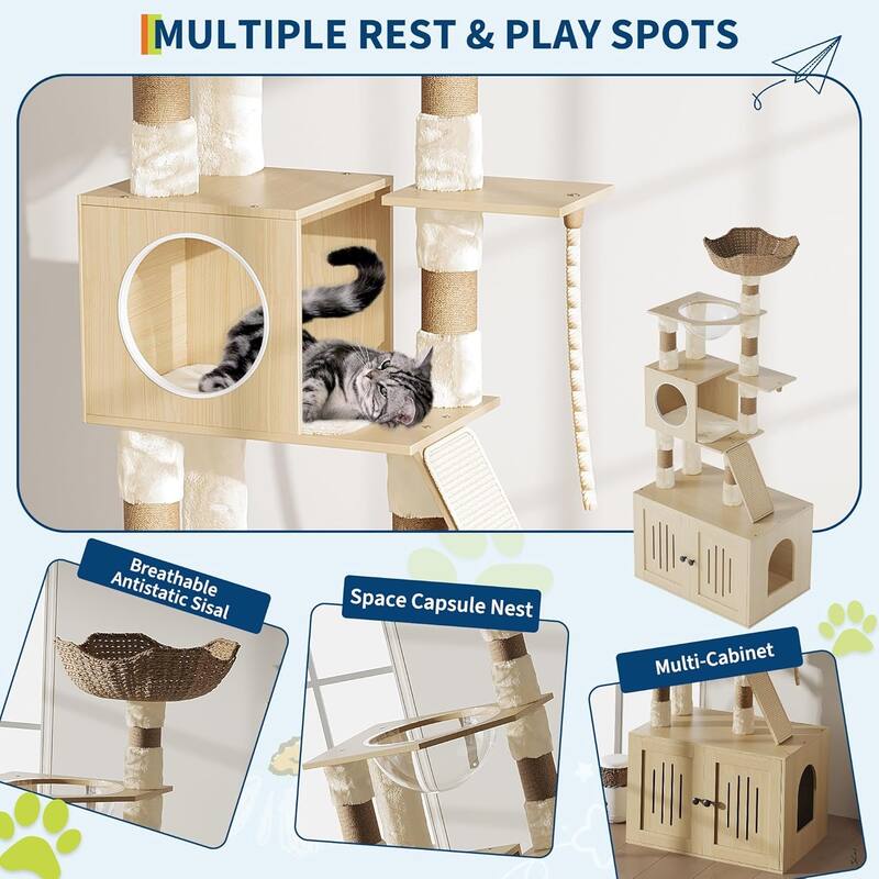 Cat Tree with Litter Box Enclosure, 2-In-1 Modern Cat Tower, 66.9-Inch Tall Cat Condo