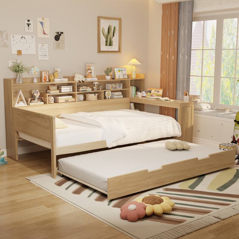 Wooden Twin/Full Size Daybed with Trundle Bed, Multi-functional Corner Platform Sofa Bed Frame with Storage Headboard and Desk