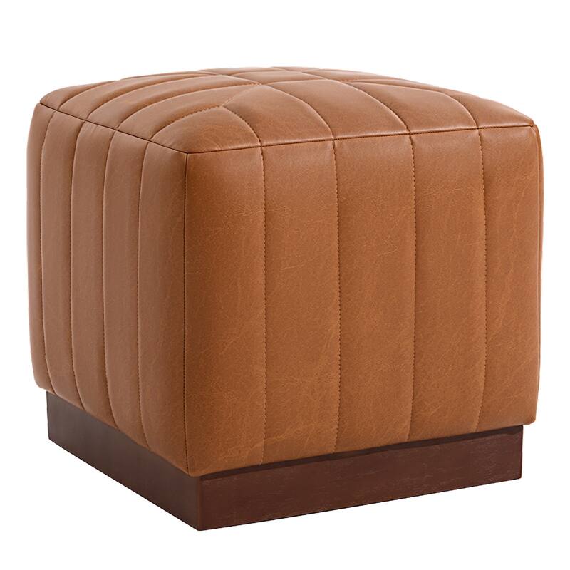 Tufted Square Ottoman Footstool Vanity Stool Sofa Side Table with Acacia Frame