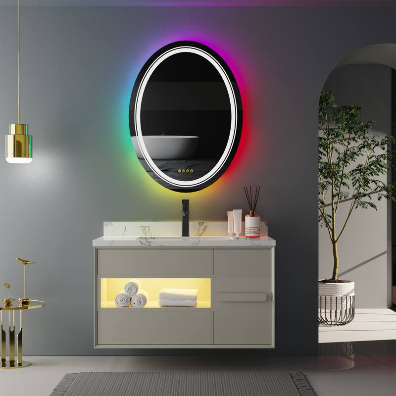 RGB LED Bathroom Mirror Anti Fog Dimmable Dual Lighting Touch Memory