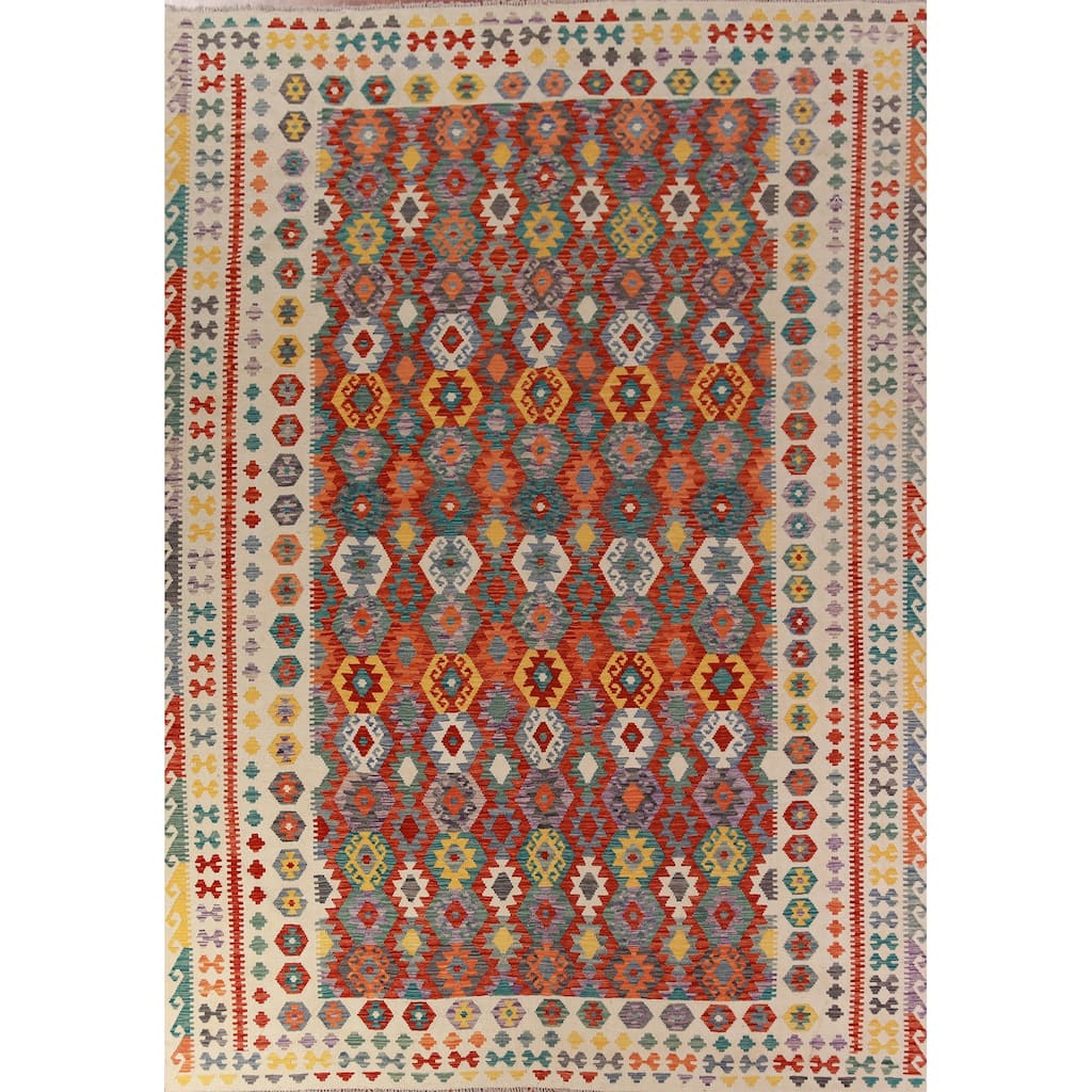 Kilim Oriental Area Rug Hand-Woven Geometric Wool Carpet - 10'3"x 13'1"