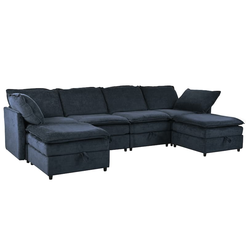 Blue 126" U-Shaped 6 Seater Modular Sofa with Ample Storage, Double Cushions and Customizable Arrangement