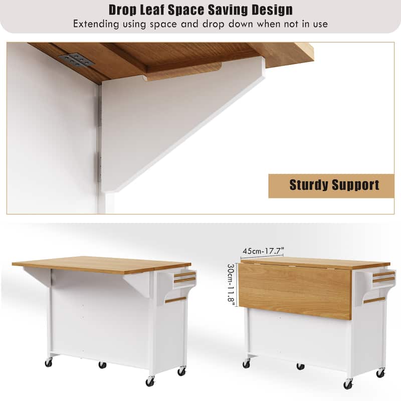Kitchen Island on Locking Wheels with Drop Leaf, Rolling Island Cart with Adjustable Shelf, Spice Rack, 2 Doors & 5 Drawers聽