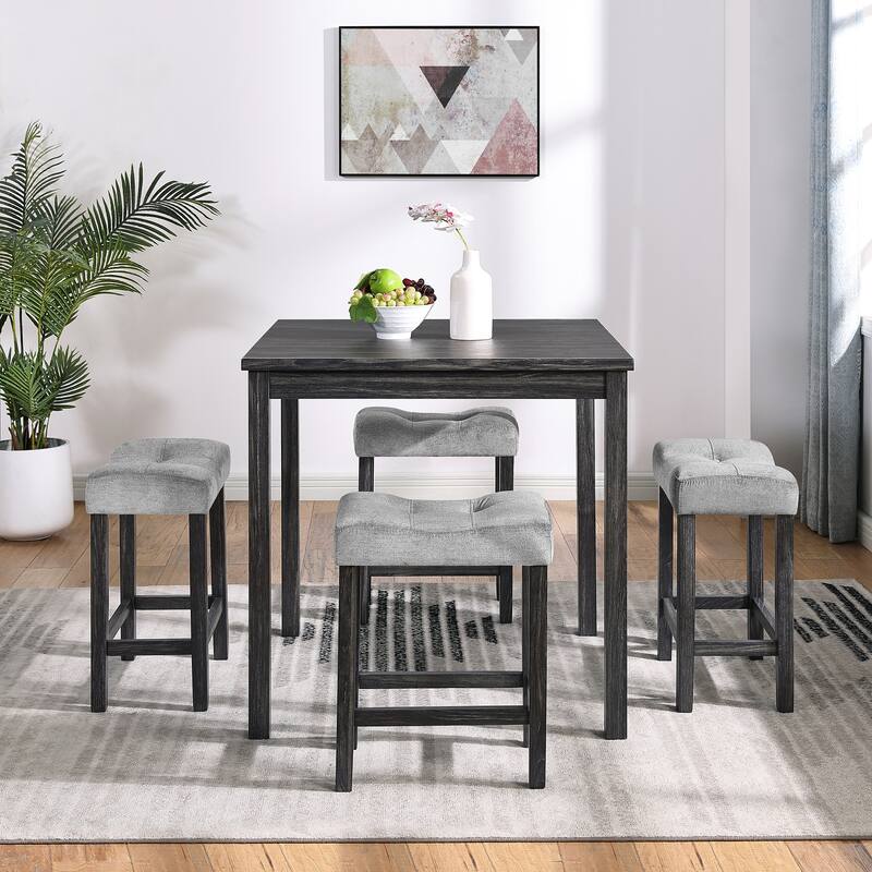 Roomfitters 5-Piece Dining Table Set with Upholstered Stools, Industrial Bar Table for Dining or Breakfast Nook