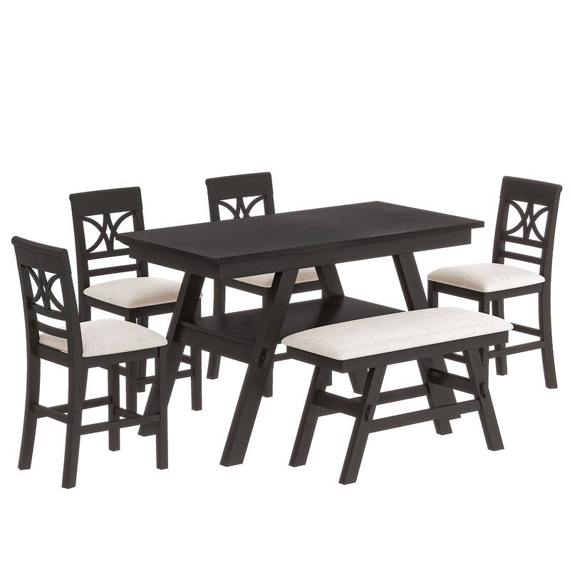 Espresso Rustic 6-Piece Counter Height Wooden Dining Table Set with 4 Chairs
