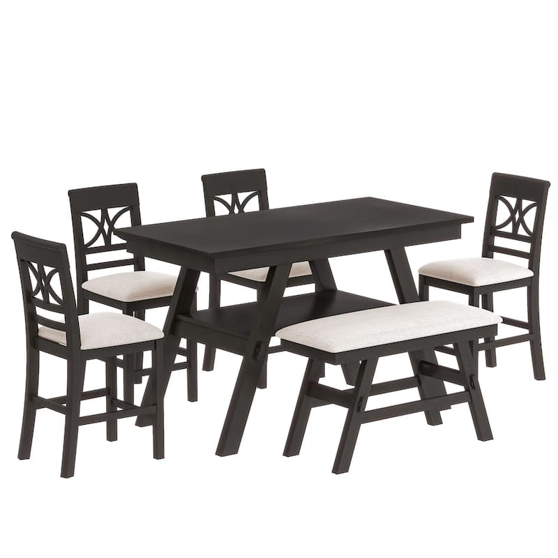 Roomfitters 6-Piece Wood Counter Height Dining Table Set with Storage Shelf, Bench and 4 Chairs, Rustic Style