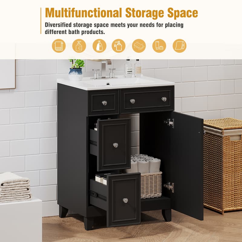 24" Bathroom Vanity Cabinet with Ceramic Sink & 2 Drawers, Bathroom Storage Cabinet Free-standing Single Sink Cabinet, Black