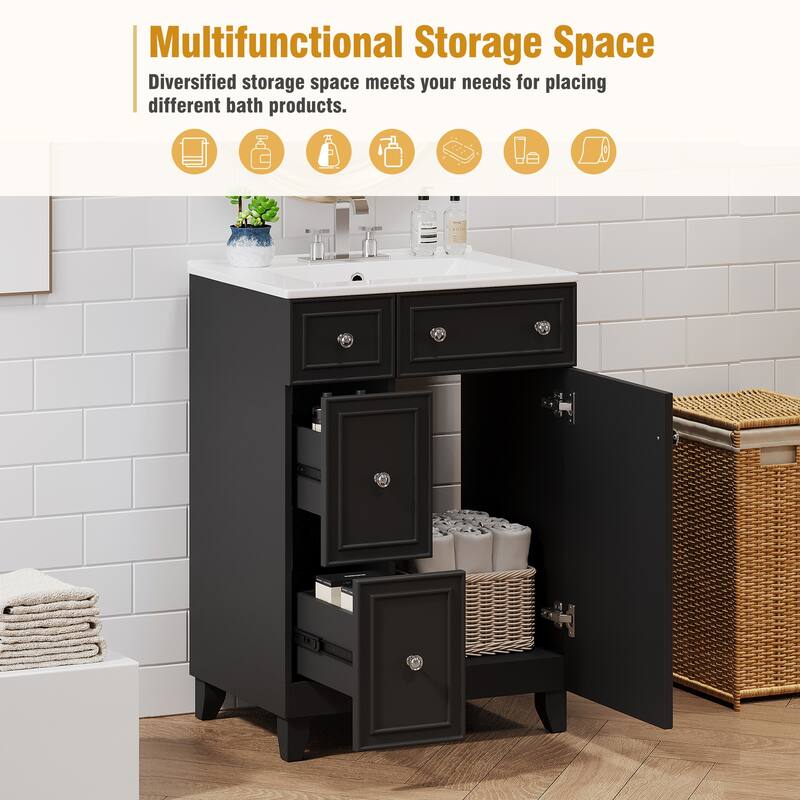 24 Inch Bathroom Vanity Cabinet with Ceramic Sink, 2 Drawers & Door, Bathroom Storage Cabinet Free-standing Single Sink Cabinet