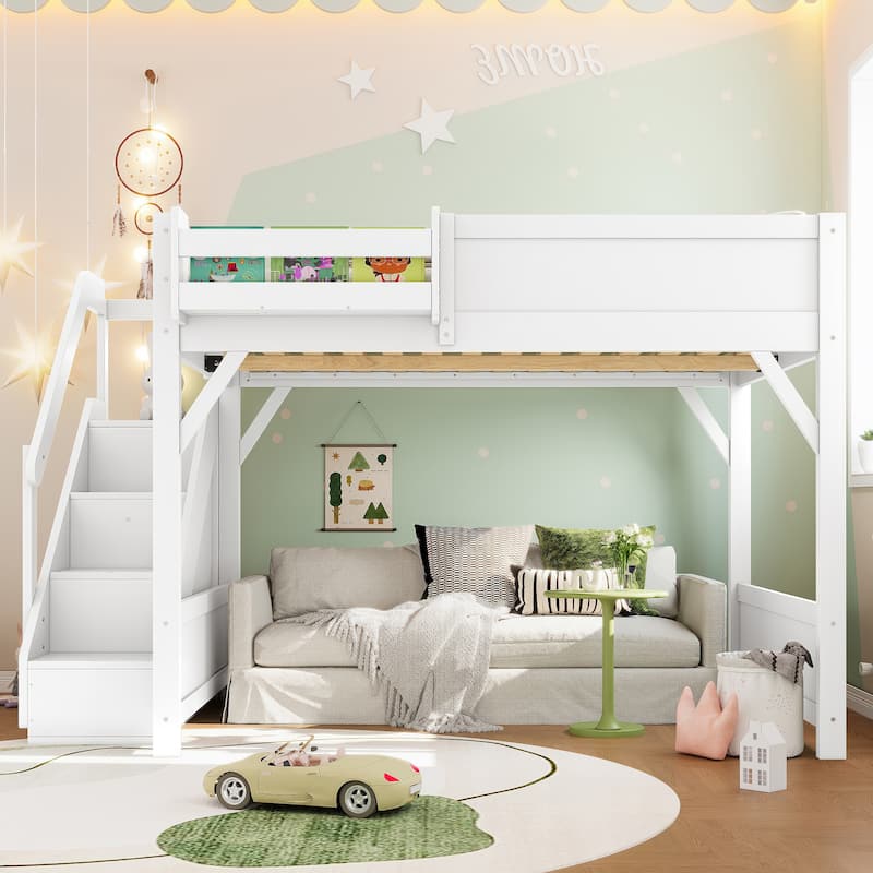 Full Size Loft Bed with Built-in Wardrobe and Storage Space, Solid Wood Loft Bed with Beside Shelves