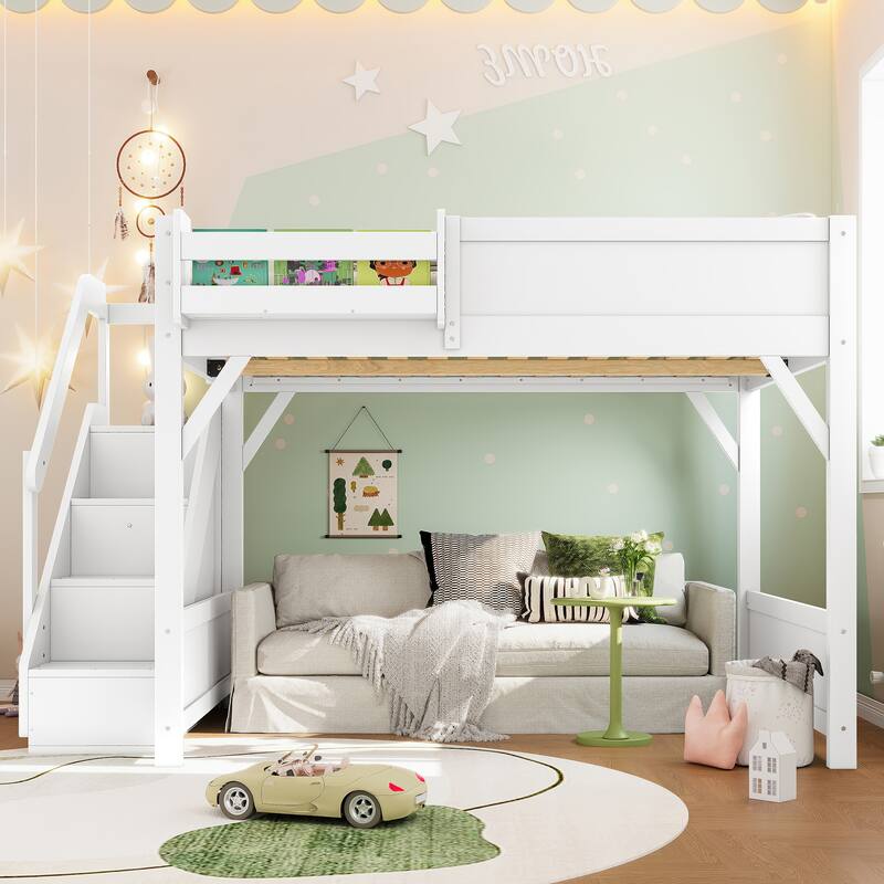 Kids Solid Wood Loft Bed Frame with Built-in Wardrobe, Storage Shelves, Full-length Guardrails and Stairs, No Box Spring Needed