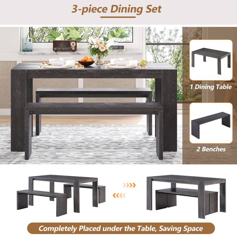 Rectangular 3-Piece Dining Set with Benches, Farmhouse Kitchen Table Set for 6, MDF & Rubber Wood