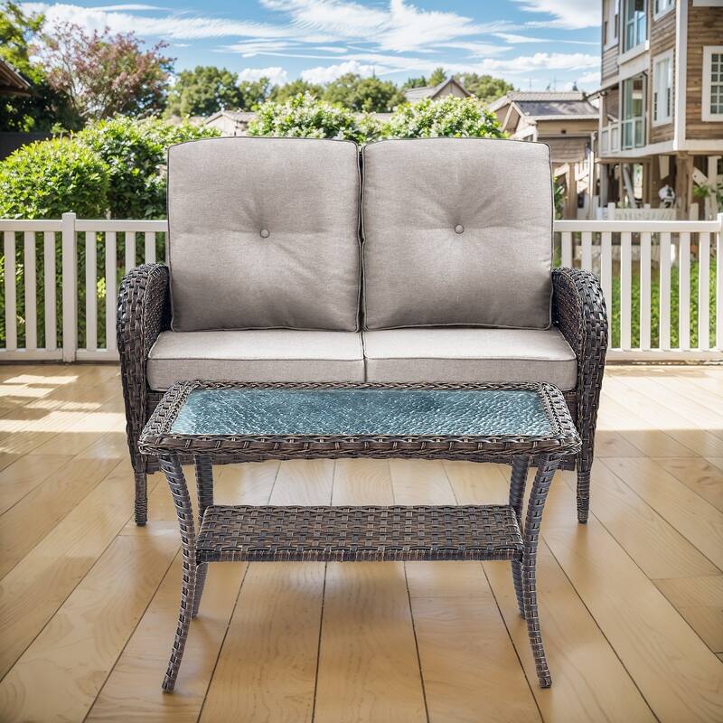 Gymojoy Outdoor Wicker Loveseat with Coffee Table and Outdoor Cushions