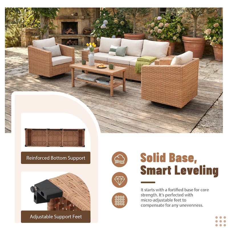 4-Piece Outdoor Conversation Set with Swivel Chair and 3-Seater Sofa with Soft Cushion and Coffee Tables PE Wicker Rattan