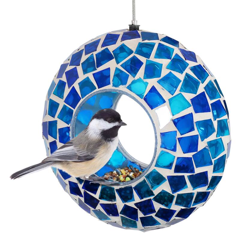 Outdoor Hanging Bird Feeder Blue Mosaic Fly-Through Design - 6"