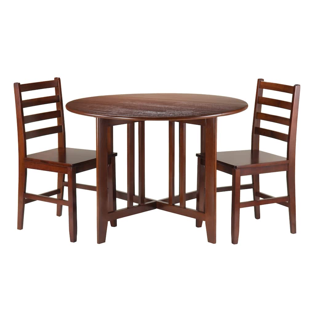 3 Walnut Solid Wood Round Drop Leaf Table 2 Ladder Back Chairs Set 42"
