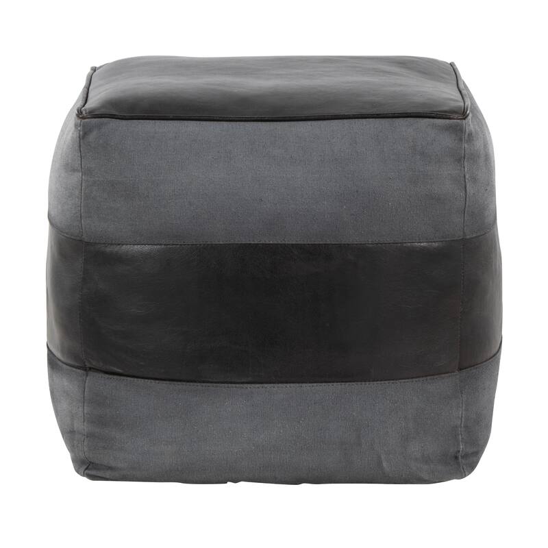 The Curated Nomad Najah Square Canvas & Leather Pouf - Black Leather/Grey Canvas