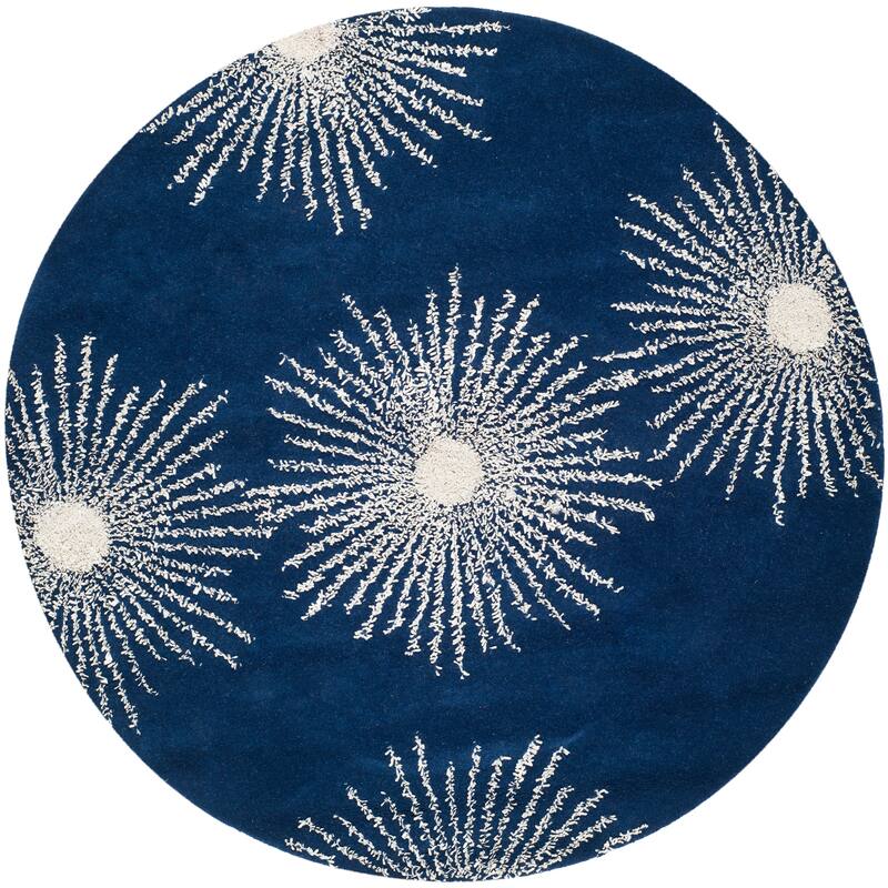 SAFAVIEH Handmade Soho Miyase Burst New Zealand Wool Rug - 8' x 8' Round - DarkBlue/Ivory