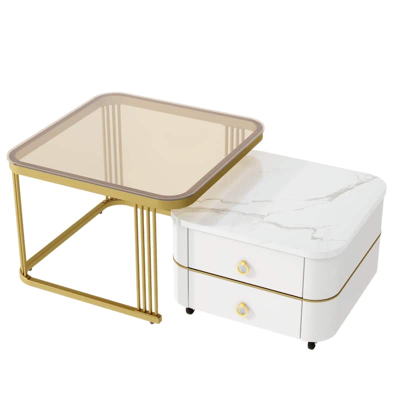 Mieres Stackable Coffee Table, Nesting Tables with Brown Tempered Glass, Wheels & Drawers and High Gloss Marble Grain Top