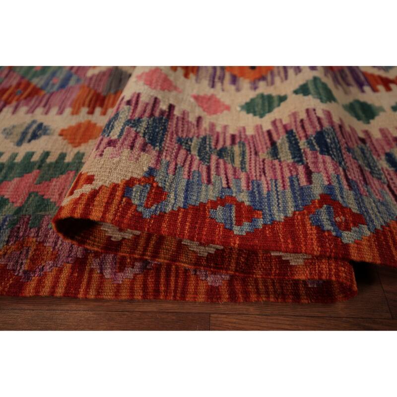 Reversible Kilim Area Rug Hand-Woven Geometric Orange Wool Carpet - 8'6" x 11'1"