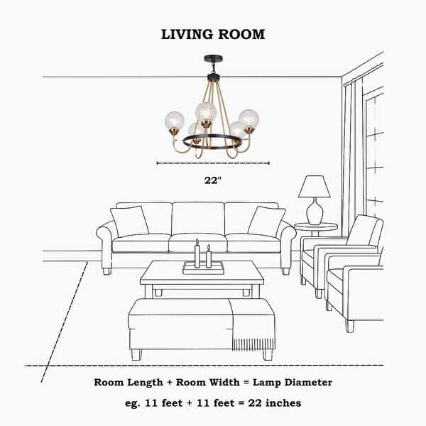 dimension image slide 0 of 2, Modern 5-Light Black Gold Wagon Wheel Chandelier Glass Pendant Light for Dining Room - 22" D x 21.5" H