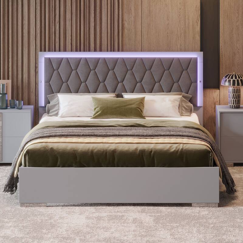 Modern Platform Bed with with Velvet Headboard