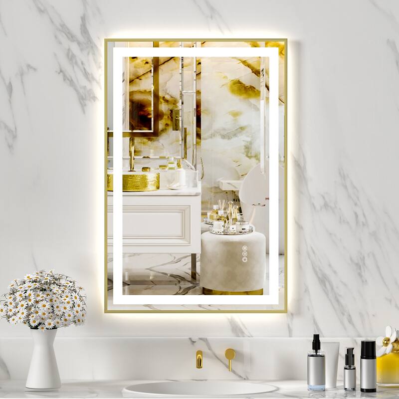 Gold Metal LED Vanity Mirror with Tempered Glass, Defog and Dimmable Lights - 36” W x 24” H