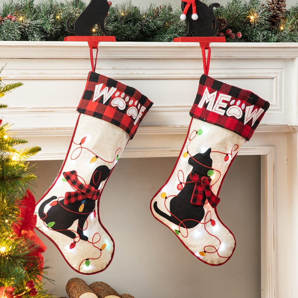 Glitzhome 21"L LED Embroidered Linen Reindeer Cat Dog Christmas Stockings