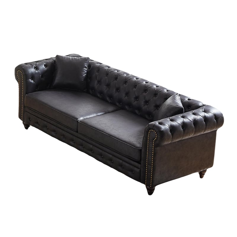 Tech Leather Chesterfield Sofa with Button Tufted and Nailheads Accent