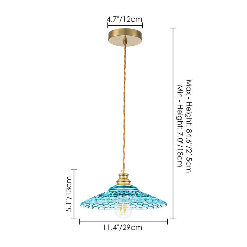 1-Light Vintage Brass & Textured Blue Glass Pendant Light for Kitchen Island, Dining Room - 1 Light