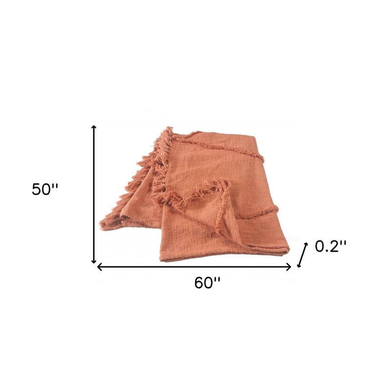 HomeRoots 60" X 50" Orange Woven Cotton Throw Blanket with Fringe