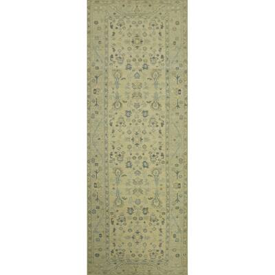 Vegetable Dye Floral Oushak Turkish Runner Rug, Floral Geometric - 9' 9'' X 2' 11''