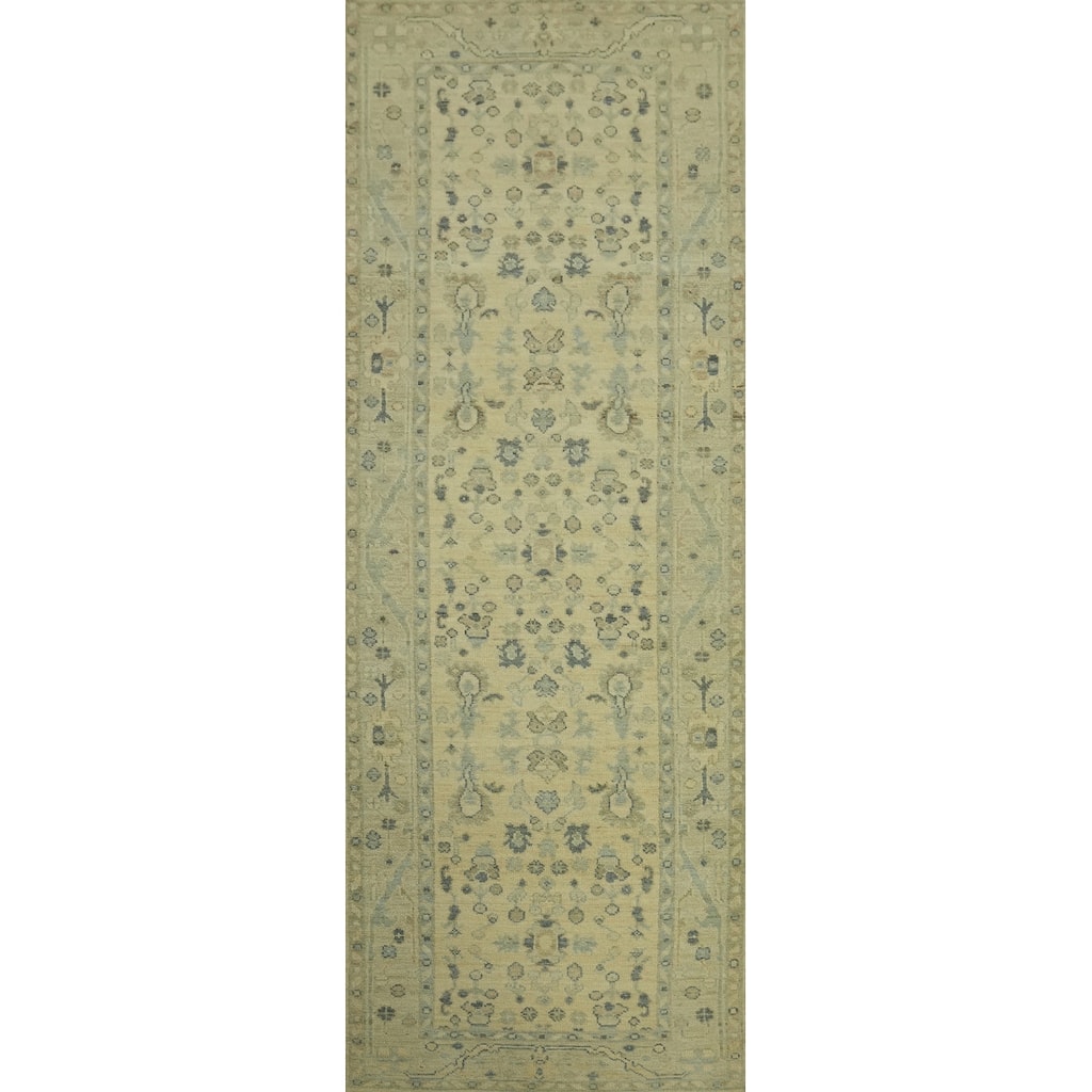 Vegetable Dye Floral Oushak Turkish Runner Rug, Floral Geometric - 9' 9'' X 2' 11''