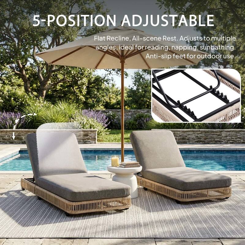 2-Piece Outdoor Chaise Lounge Chair with Adjustable Backrest Patio Pool Lounger