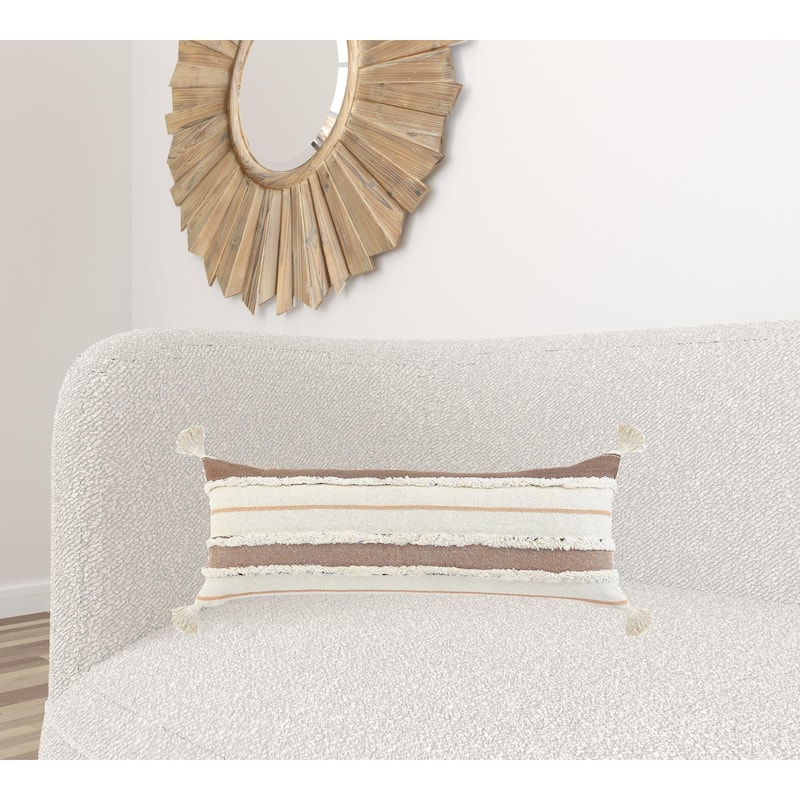HomeRoots 14" X 36" Brown And Off-White 100% Cotton Striped Zippered Pillow