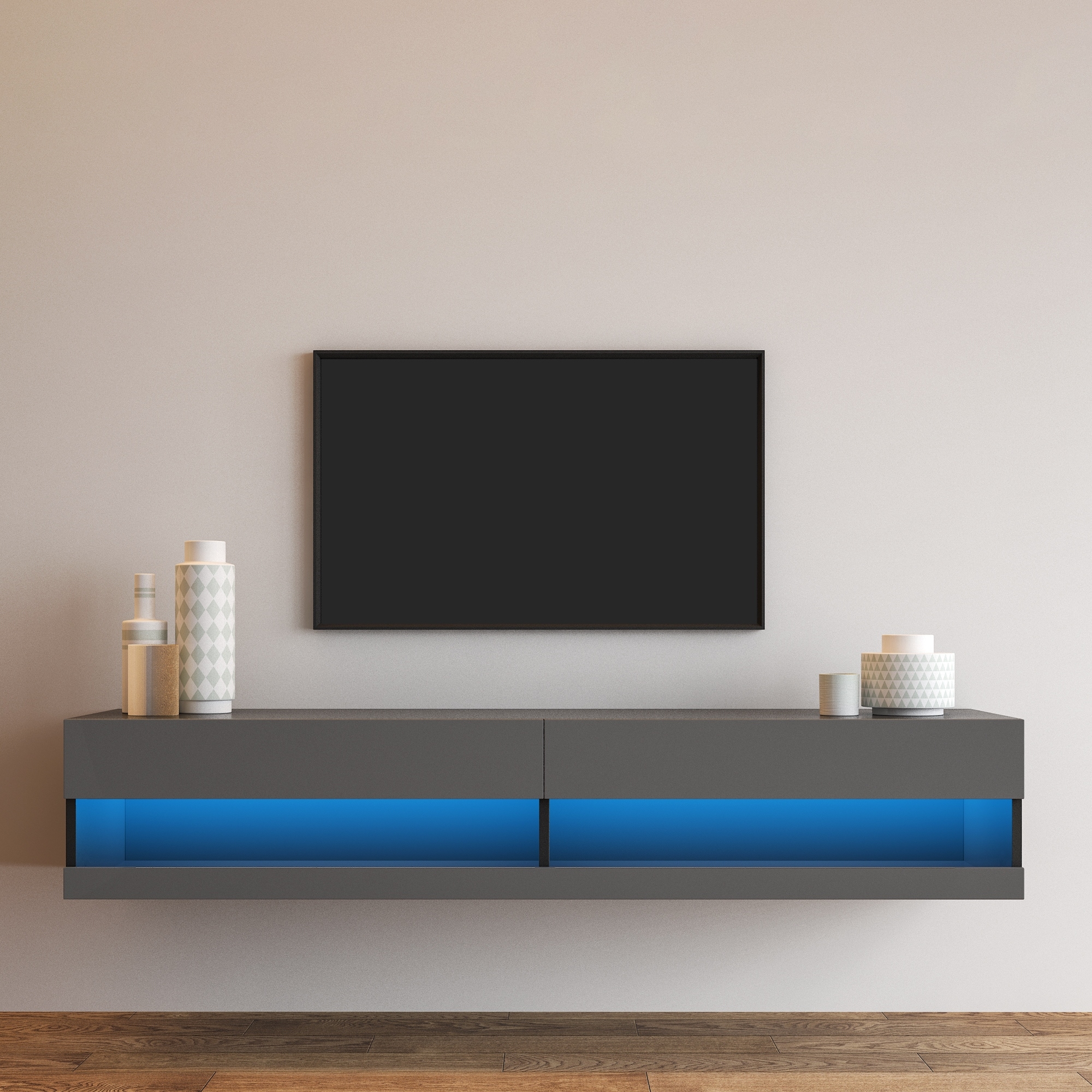 180 Wall Mounted Floating 80" TV Stand with 20 Color LEDs,black+grey